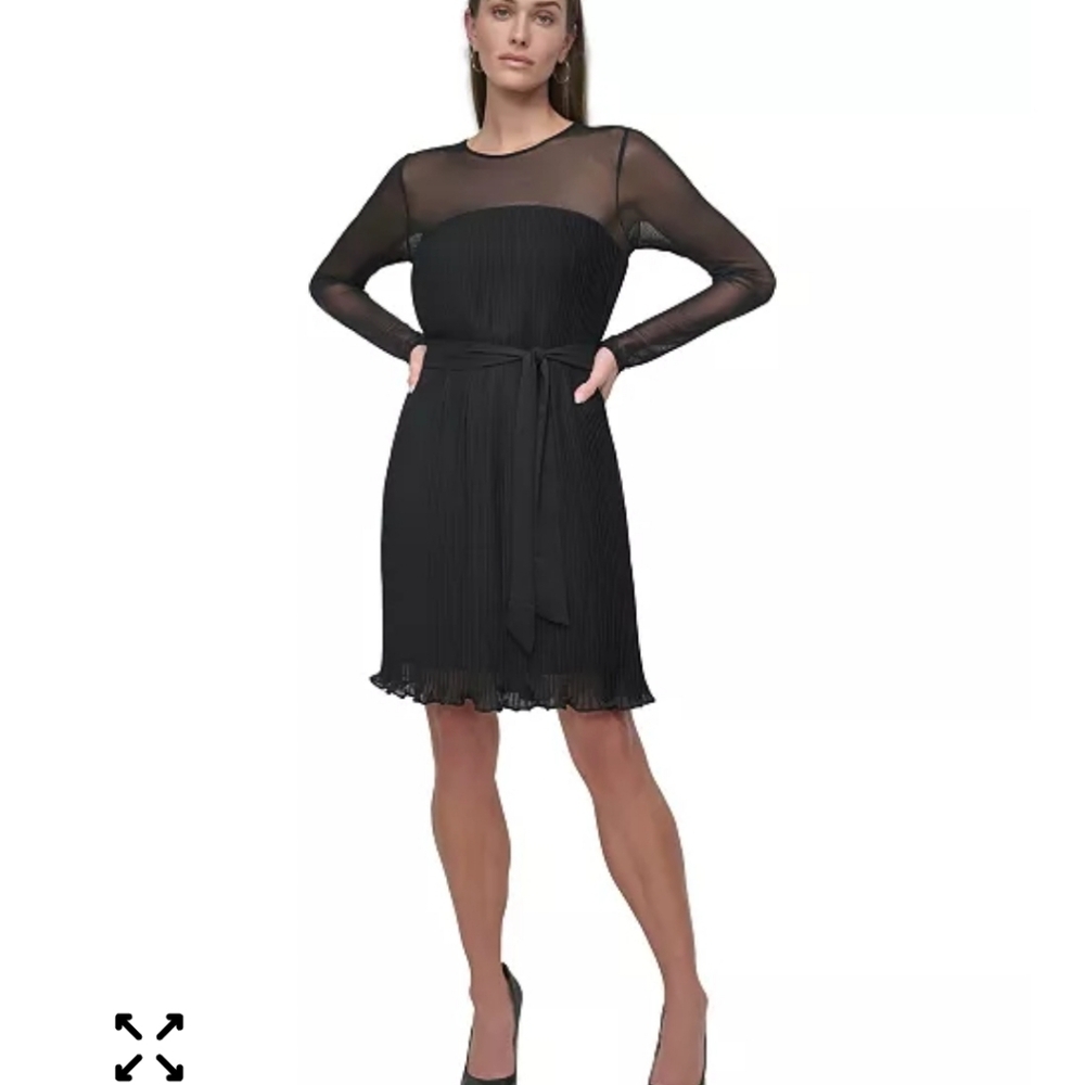 DKNY Jewel-Neck Belted A-Line Pleated Mesh Dress Sz 10 NWT Cocktail Party